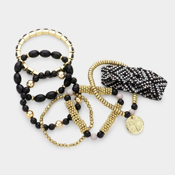 Black Gold Beaded 7 PC Stretch Layered Bracelets - Picture 4 of 4